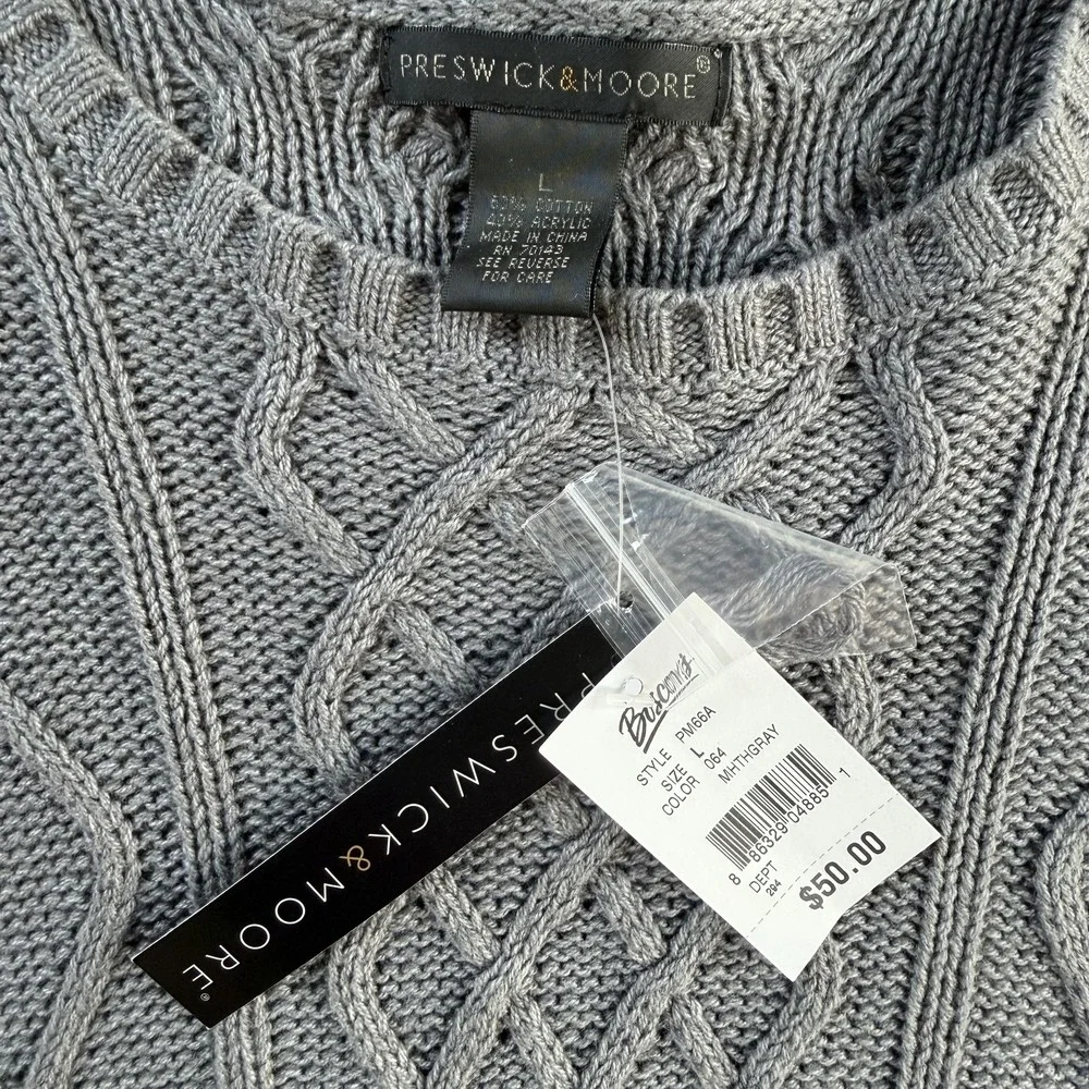 Preswick & Moore Sweater Mens Large Gray Cable Knit Crewneck Pullover Casual